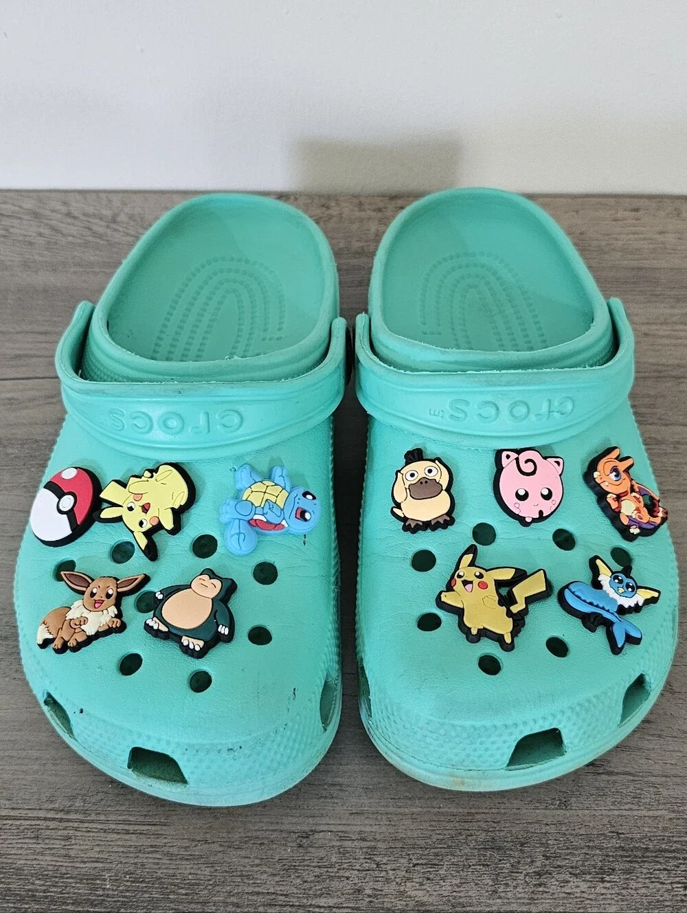 Crocs Kids Teal Green Slip-On Clog Shoes with Pokémon Charms Boy J 3
